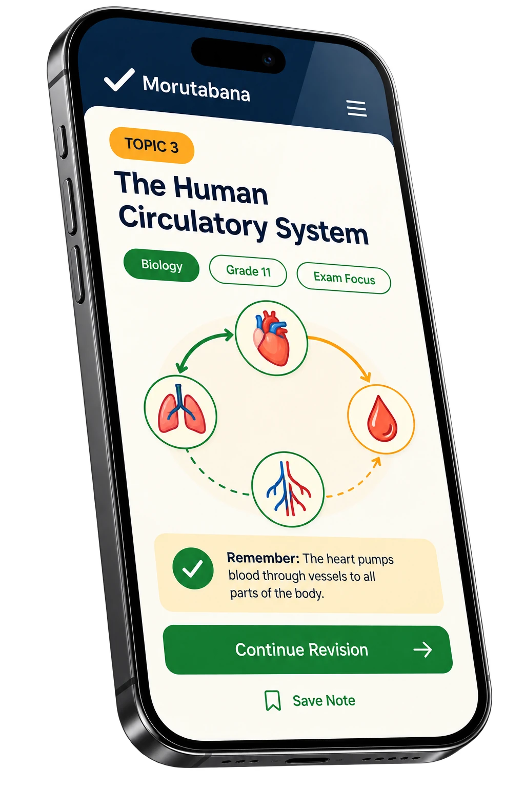 Morutabana on a phone, showing a Biology revision note on the human circulatory system with a diagram and an exam remember-box