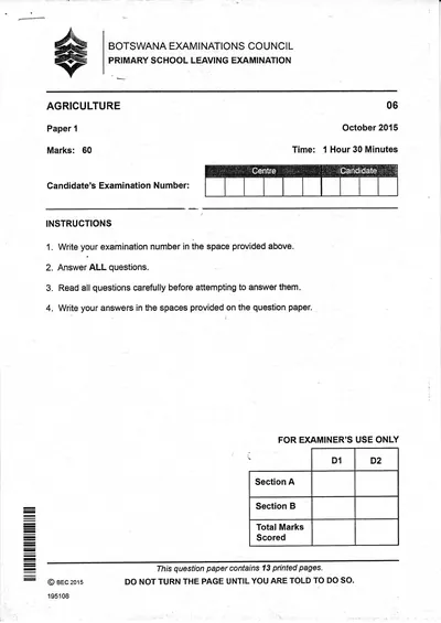 Agriculture PSLE 2015 Paper 1, page 1: cover page