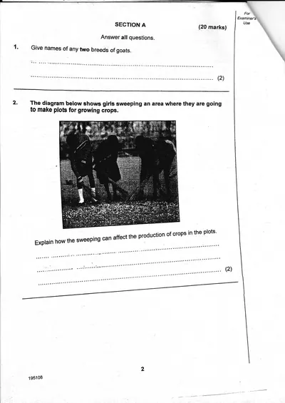 Agriculture PSLE 2015 Paper 1, page 2: Section A questions 1-2, goat breeds and crop plot photo