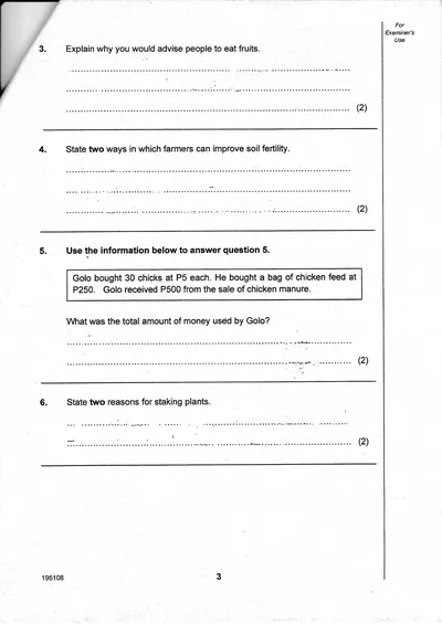 Agriculture PSLE 2015 Paper 1, page 3: questions 3-6, soil fertility and farm economics
