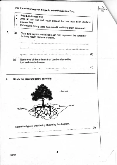 Agriculture PSLE 2015 Paper 1, page 7: tree roots weathering diagram and tractor implement