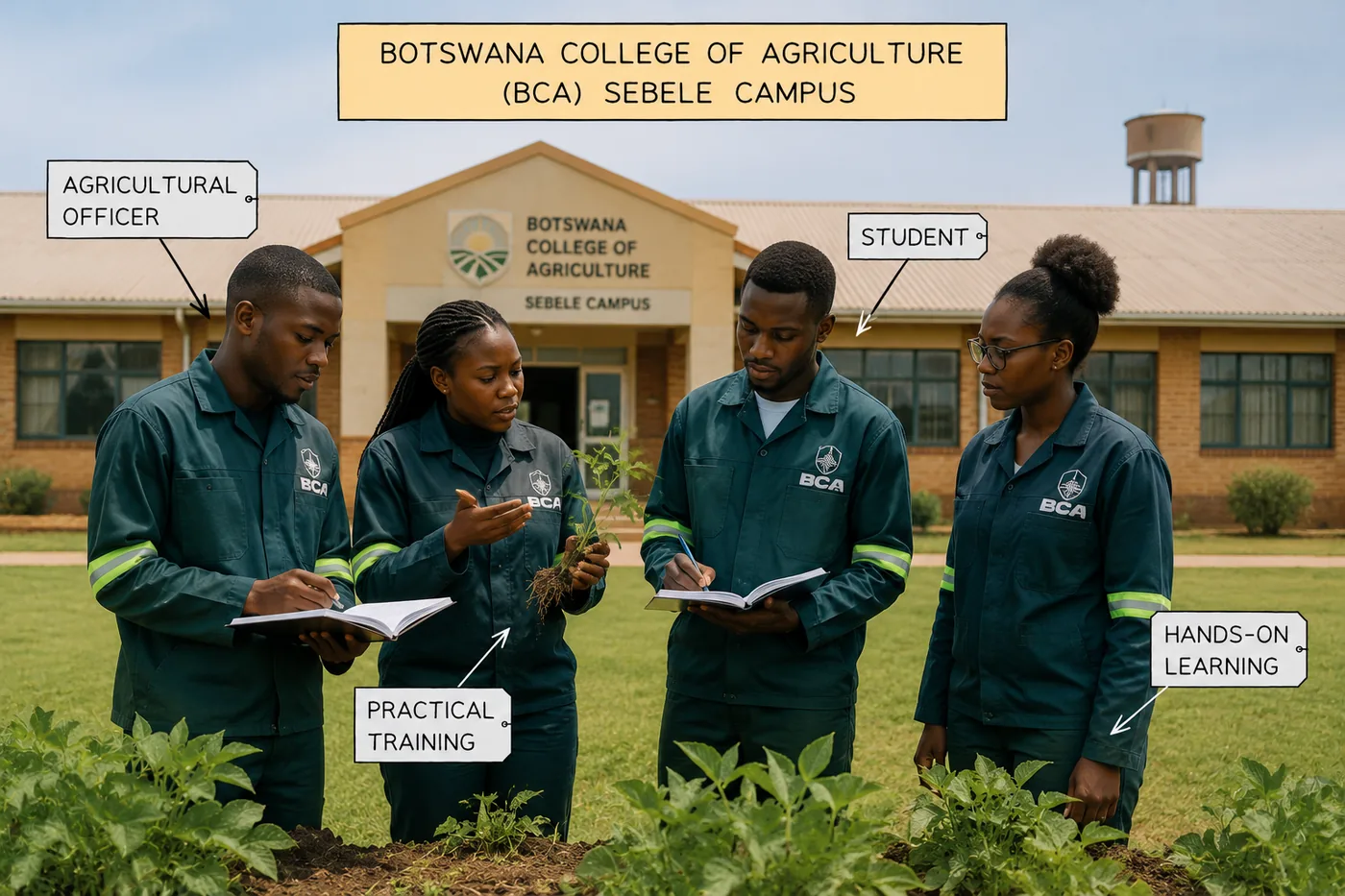 Students and an agricultural officer at Botswana College of Agriculture, Sebele campus
