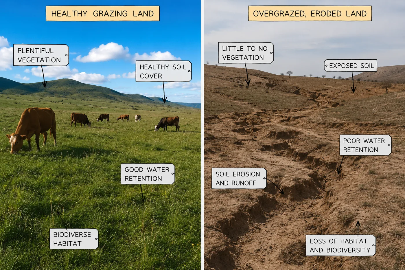 Comparison of healthy grazing land versus overgrazed, eroded land