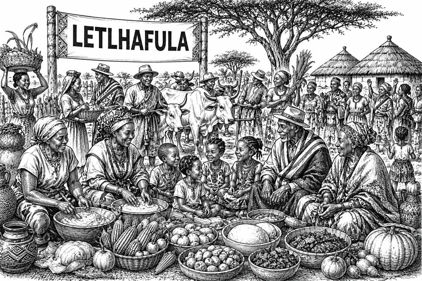 Botswana families celebrating Letlhafula harvest festival with traditional food and cattle