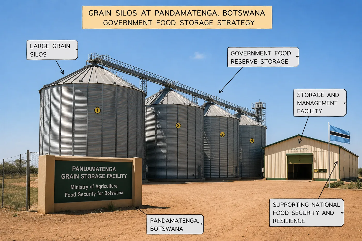 Grain silos at Pandamatenga, Botswana, part of the government food storage strategy