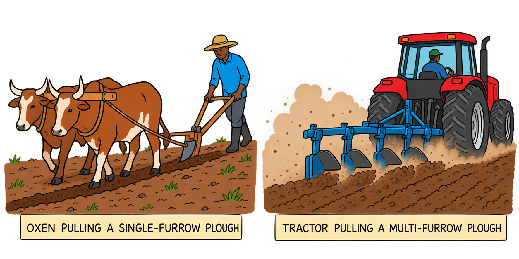 Comparison of traditional ox-drawn ploughing and modern tractor ploughing in Botswana
