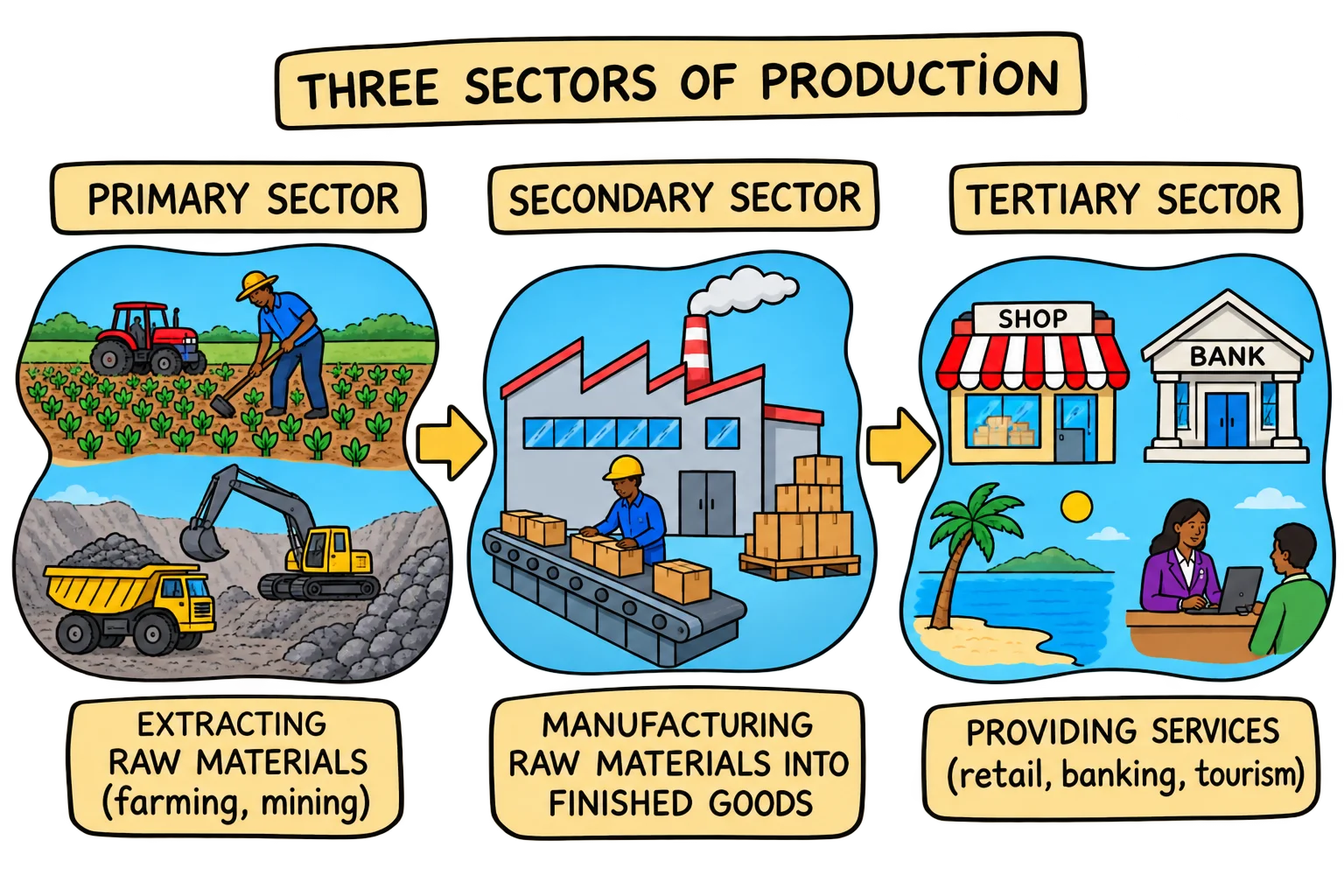 Diagram showing the three sectors of production: primary sector (extracting raw materials such as farming and mining), feeding into the secondary sector (manufacturing raw materials into finished goods), feeding into the tertiary sector (providing services such as retail, banking and tourism)