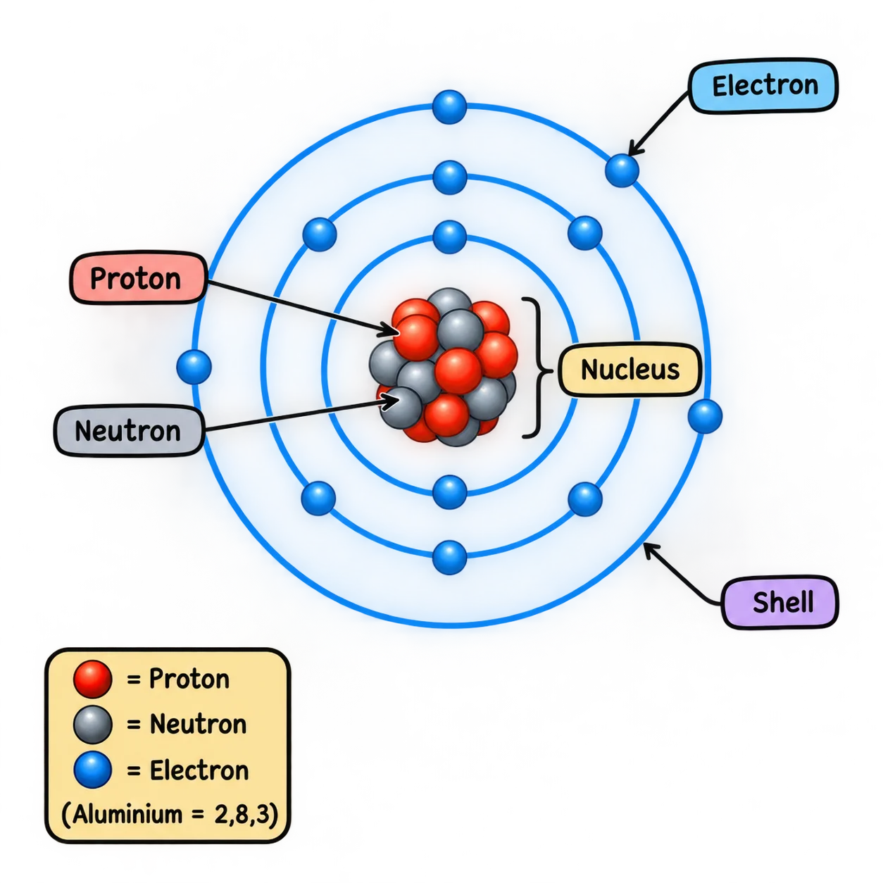 Diagram of an atom showing a central nucleus of protons and neutrons surrounded by electrons in shells
