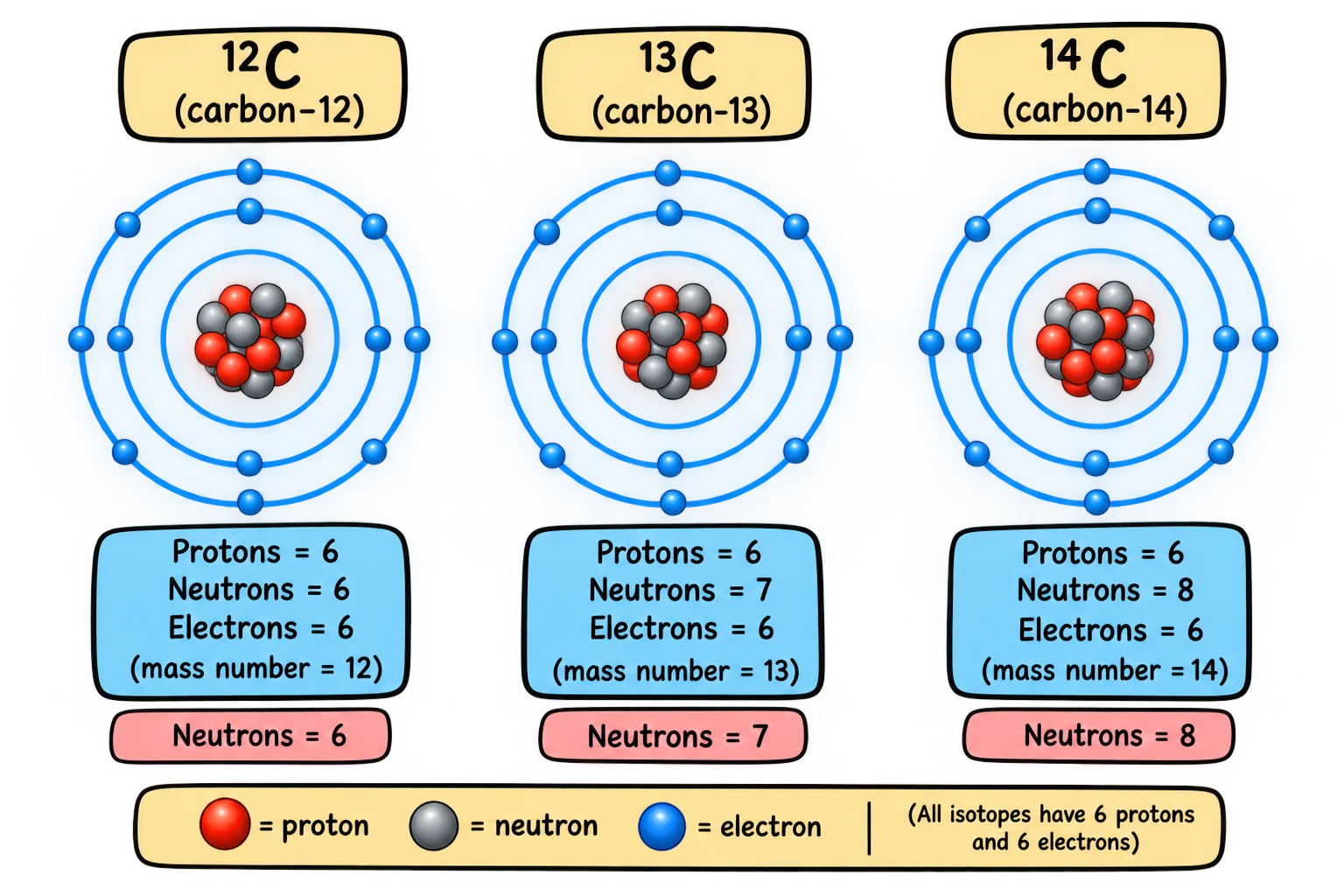Three carbon isotopes shown side by side: carbon-12, carbon-13 and carbon-14, all with 6 protons but different numbers of neutrons