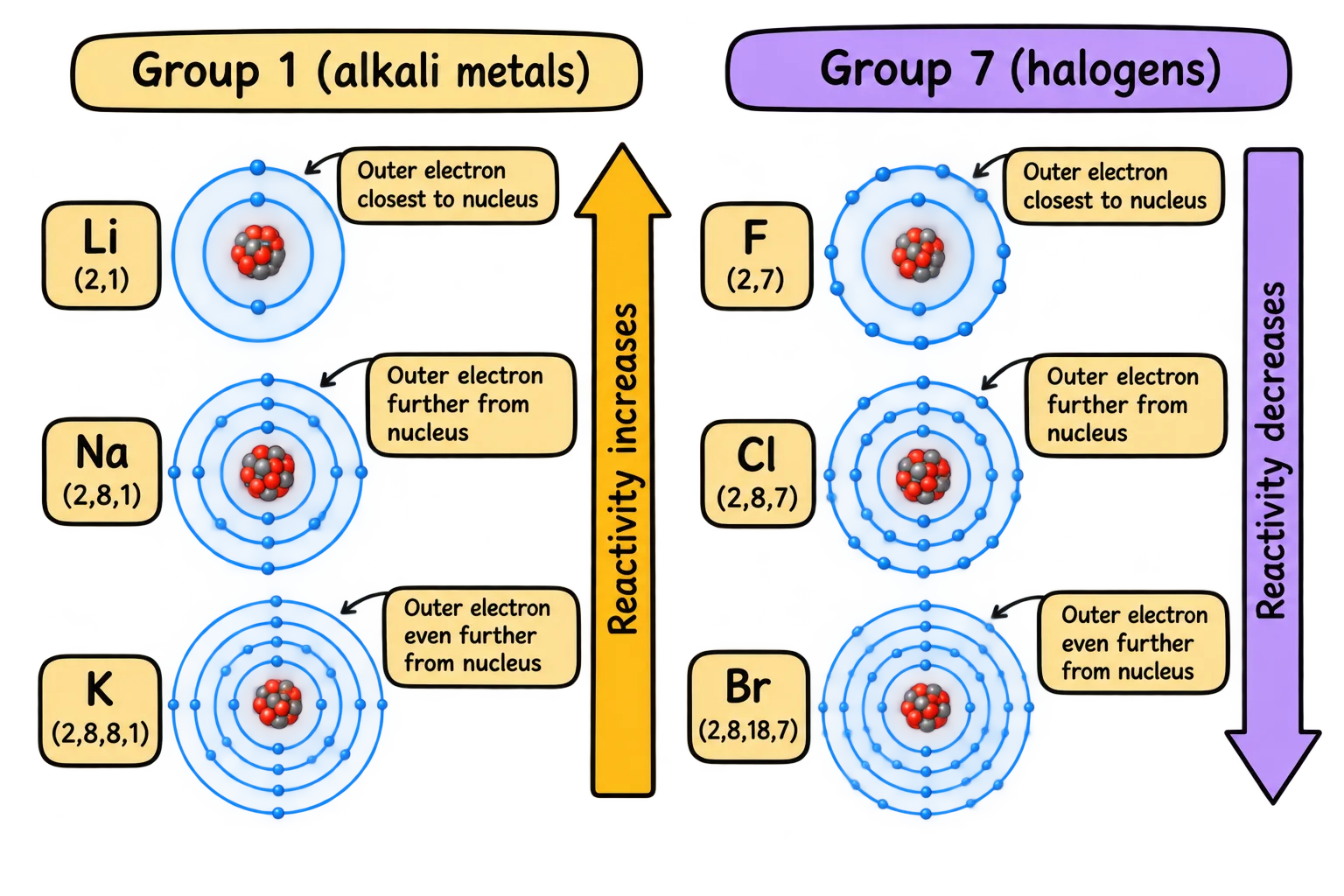 Diagram comparing reactivity trends down Group 1 and Group 7, showing the outer electron getting further from the nucleus