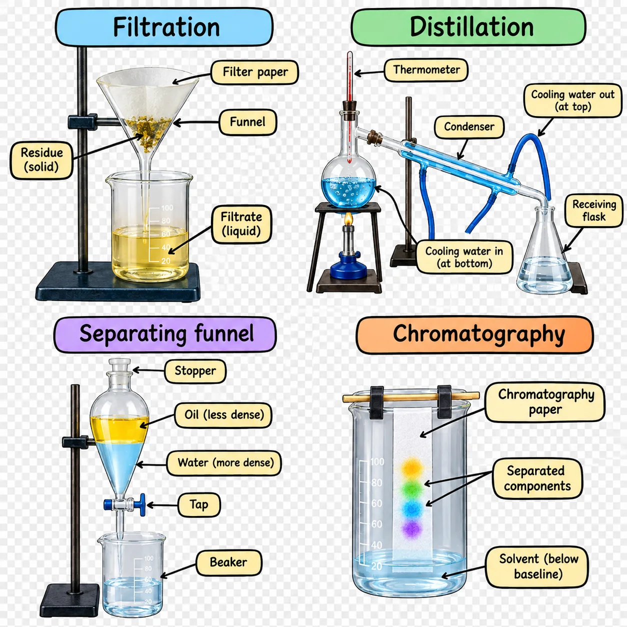 Four diagrams showing filtration, distillation, a separating funnel and chromatography apparatus