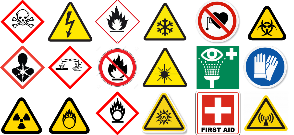 Grid of standard laboratory and workplace hazard symbols, including toxic (skull and crossbones), electric shock, flammable, freezing/low temperature, no medical implants, biohazard, health hazard, corrosive, no naked flame, laser, eyewash station, mandatory gloves, radioactive, oxidising, explosive, UV radiation, first aid, and non-ionising radiation