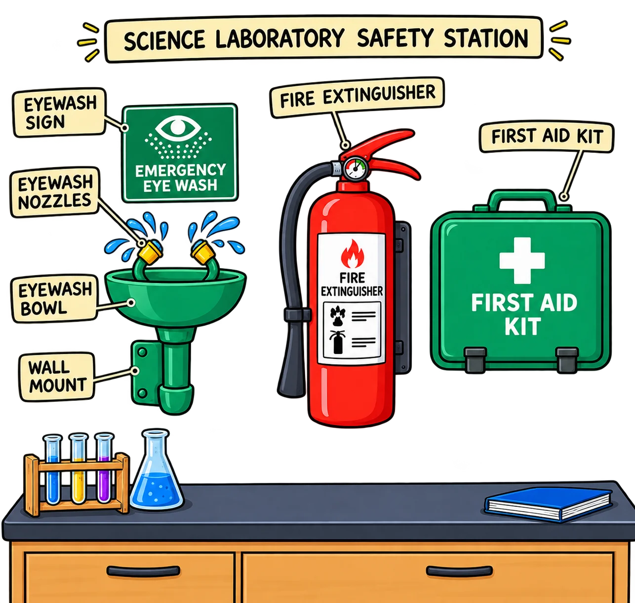 Photo of a school science laboratory safety station showing eyewash, fire extinguisher, and first aid kit locations